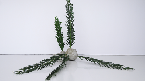 Chung Seoyoung, To Clean Up Once a Year, 2007, cement, artificial plant, 250 x 250 x 230 cm /   65 x 67 x 192 cm. Collection of Gyeonggi Museum of Mod