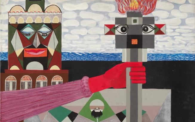 Aref El-Rayess, The World of Petrol (1973-74), oil on canvas, 64.8 x 54.9cm. Private Collection. Photo: Courtesy of Mathaf: Arab Museum of Modern Art