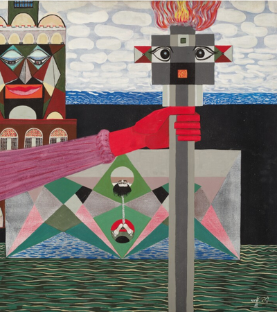Aref El-Rayess, The World of Petrol (1973-74), oil on canvas, 64.8 x 54.9cm. Private Collection. Photo: Courtesy of Mathaf: Arab Museum of Modern Art
