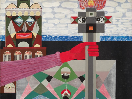 Aref El-Rayess, The World of Petrol (1973-74), oil on canvas, 64.8 x 54.9cm. Private Collection. Photo: Courtesy of Mathaf: Arab Museum of Modern Art