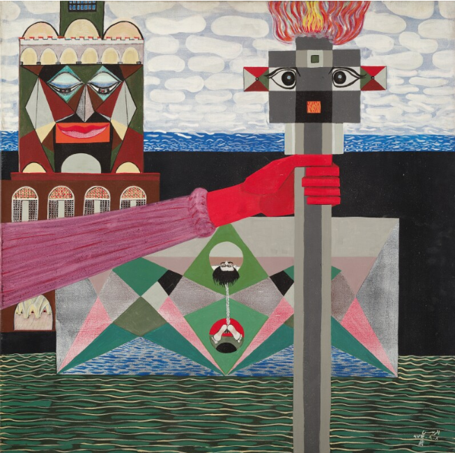 Aref El-Rayess, The World of Petrol (1973-74), oil on canvas, 64.8 x 54.9cm. Private Collection. Photo: Courtesy of Mathaf: Arab Museum of Modern Art