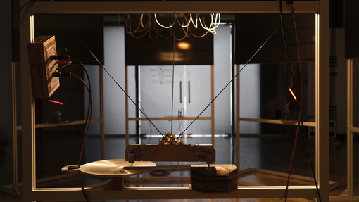 Haroon Mirza, Musica Universalis (Dyson Sphere 03), Photovoltaic panels, aluminium, stainless steel, halogen lighting, bespoke media devices, DMX dimm