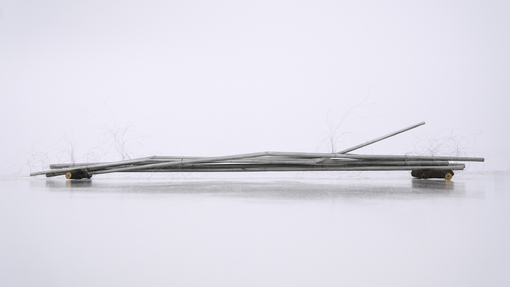 Chung Seoyoung, No.0, 2020, cast aluminum, stainless steel wire, branch, 291 x 82 x 49 cm. Courtesy of the artist and Barakat Contemporary. Photo: Fir