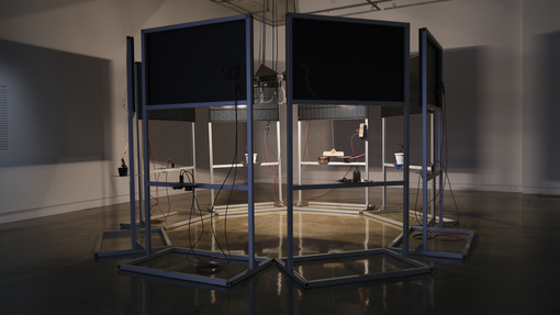 Haroon Mirza, Musica Universalis (Dyson Sphere 03), Photovoltaic panels, aluminium, stainless steel, halogen lighting, bespoke media devices, DMX dimm