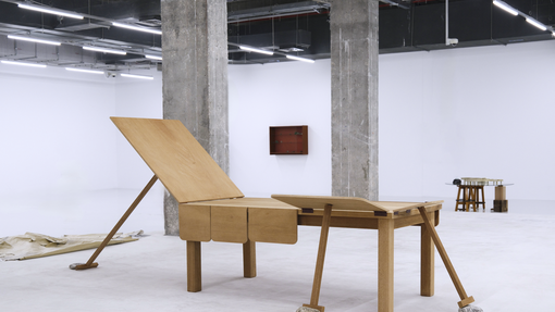 Chung Seoyoung, There is Nothing Left to Add nor Take Away, 2008, Plywood, hinges, stone, 300 x 150 x 200 cm. Collection of Seoul Museum of Art. Photo