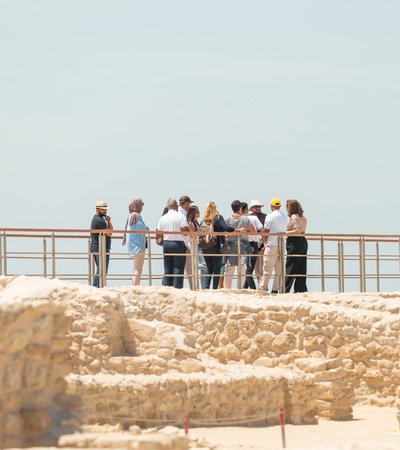 A group of people stand on a raised platform overlooking ancient stone
