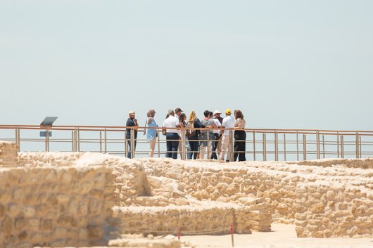 A group of people stand on a raised platform overlooking ancient stone