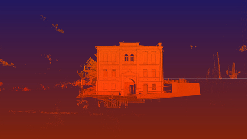 تصميم رقمي لمبنى مكون من ثلاثة طوابق بمدخل مقوس، على خلفية متدرجة باللونين الأزرق والبرتقالي.