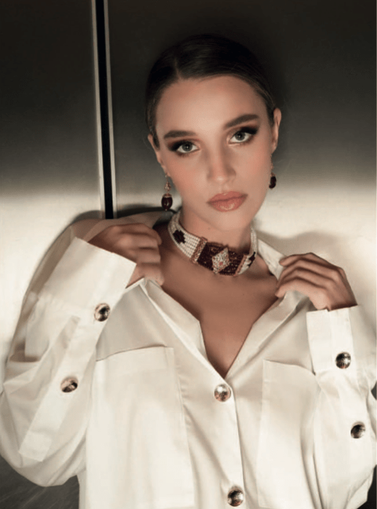 Model looking into the camera