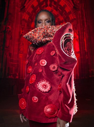 Model red colorful outfit