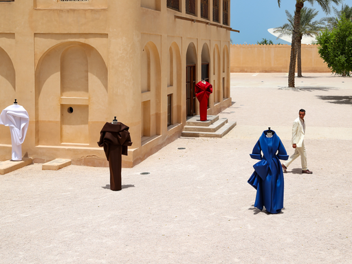 Benchellal in a white suit stands near four mannequins wearing colorful sculptural clothing outside a beige building on a sunny day.