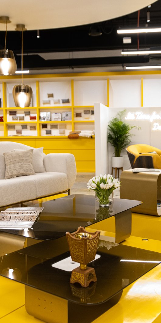Yellow office space with furniture display