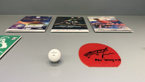 Gallery view of Ryu Seung-Min's racket rubber, in the Qatar: A Global Sports Nation gallery at QOSM.