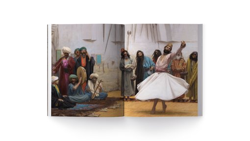 لوحة تصور درويشًا يؤدي رقصته في غرفة مع موسيقيين ومتفرجين، ويظهر فيها الزي والآلات الموسيقية التقليدية في الشرق الأوسط.