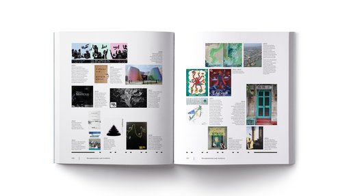 كتاب مفتوح يحتوي على صفحتين مليئتين بصور ونصوص مختلفة، بما في ذلك الأعمال الفنية وأغلفة الكتب وصورة باب أزرق.