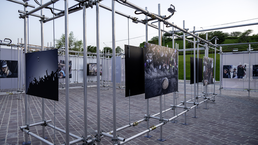 Installation view of Obliteration_ Surviving the Inferno – Gaza’s Battle for Existence, 2025, © Syed Hasan Zaidi, courtesy of Qatar Museums