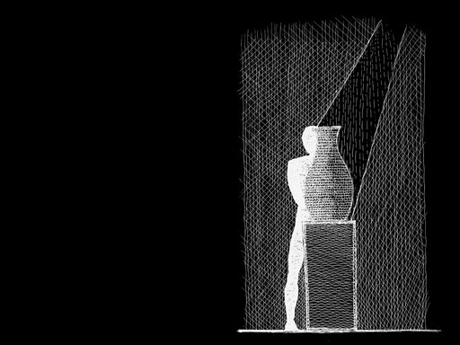 white illustration of a man and a vase