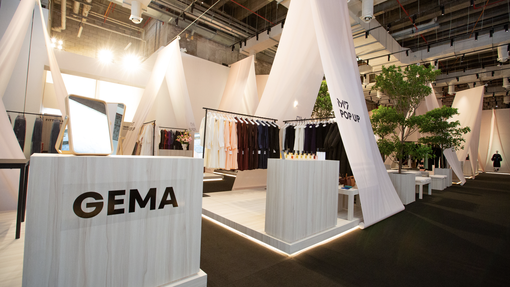 clothing exhibition space with large tent fabrics