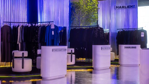 Booths with a desk with rack of clothes