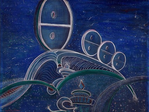 A painting with a deep blue background, circular images and featuring the Arabic letter 'ain' in the bottom center.