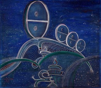 لوحة ذات خلفية زرقاء داكنة وصور دائرية يظهر فيها الحرف العربي "عين" في وسطها السفلي.