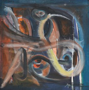 لوحة فنية متعددة الألوان تضم دوامات بألوان مختلفة وخلفية زرقاء داكنة.