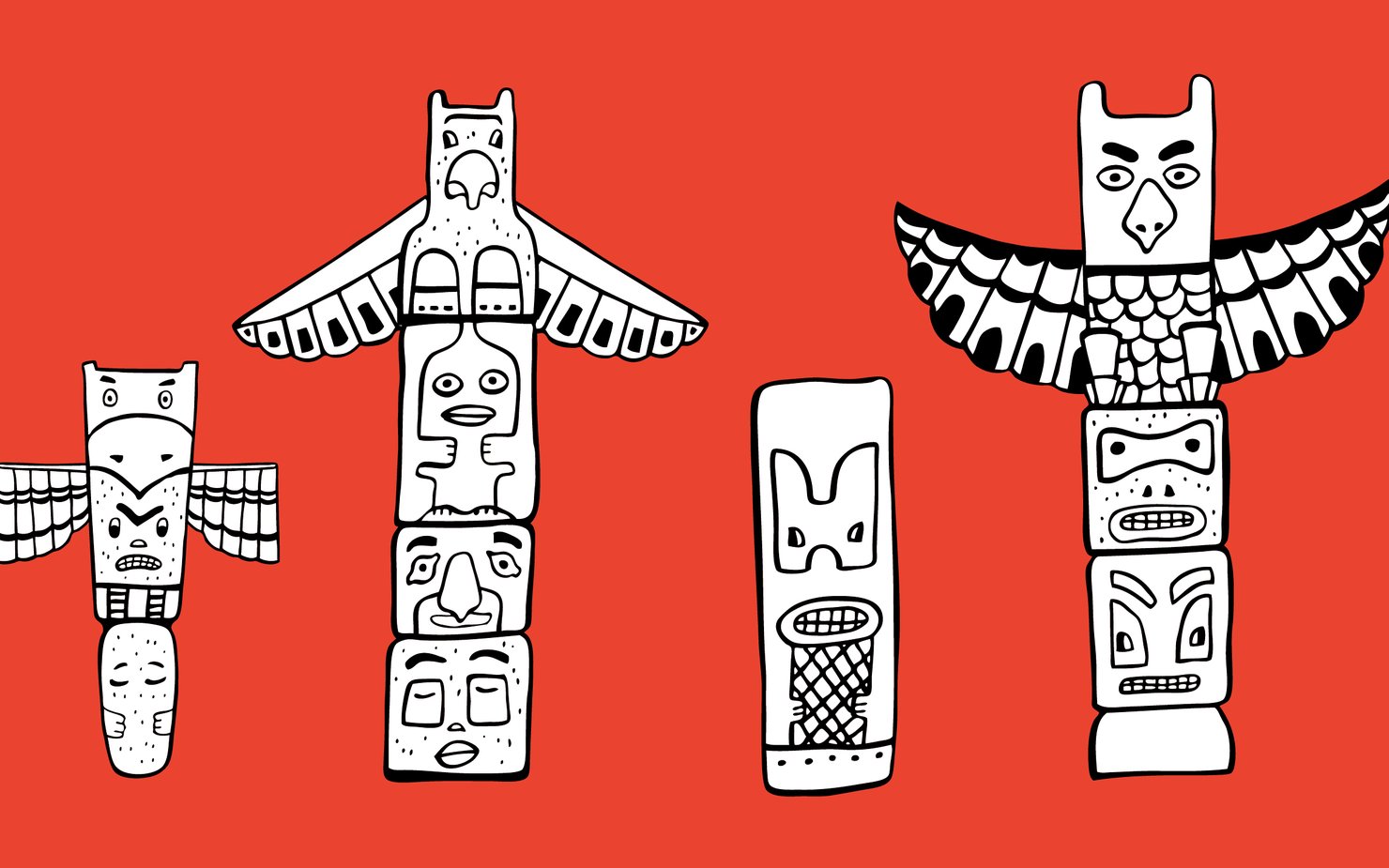 Web banner depicting four totems against a red background