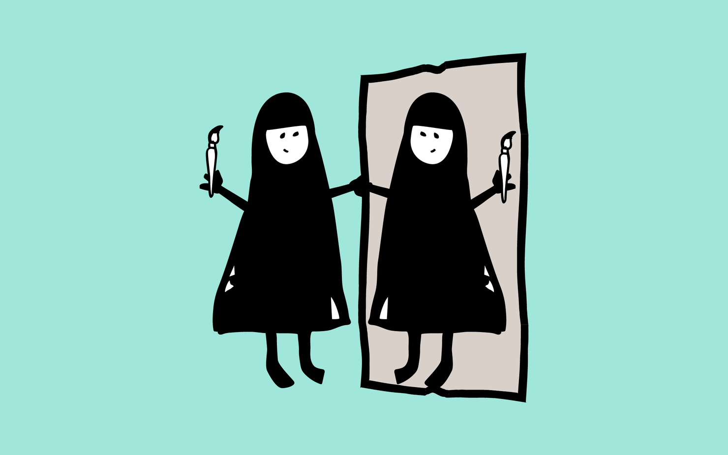 Cartoon figurine of a woman holding a paintbrush and canvas against a teal background