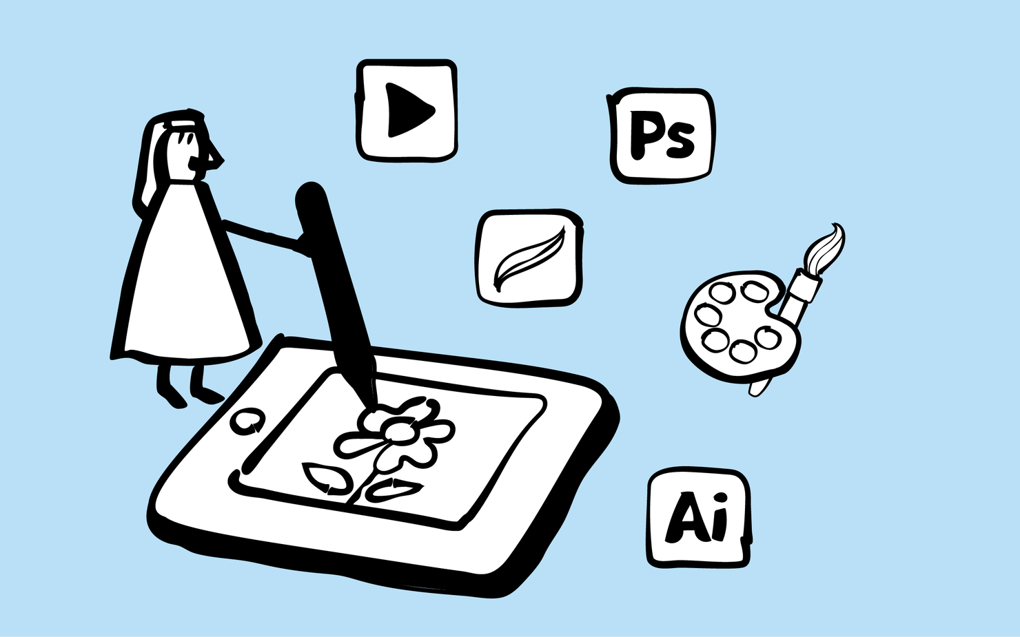 Blue banner depicting a cartoon figurine drawing on a digital art board