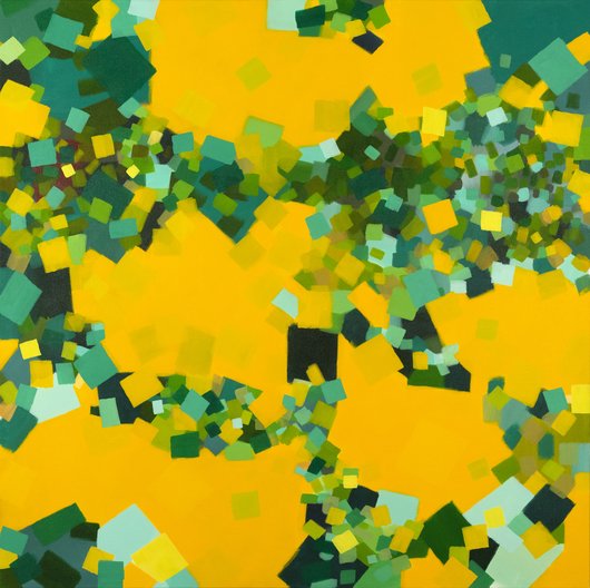 Samia Halaby, Six Golden Heroes (2021), acrylic on canvas, 179 x 179cm. Photo: Courtesy of Mathaf: Arab Museum of Modern Art ©2025