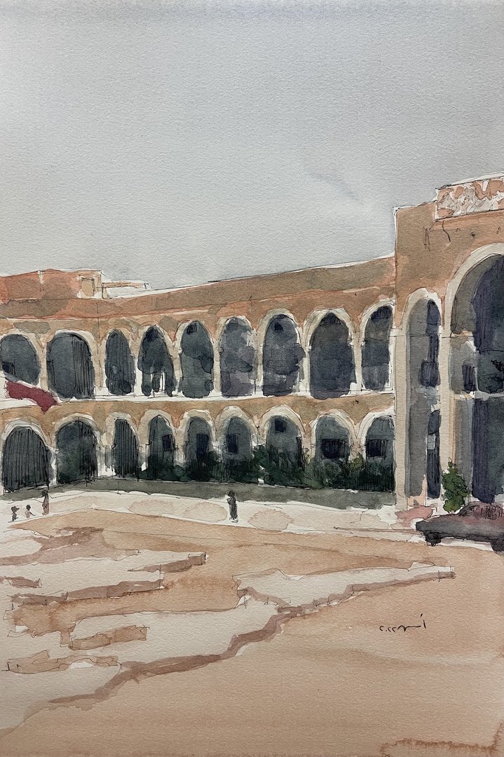 رسم بالألوان المائية لمدرسة قطر الثانوية المهنية للصناعات الإبداعية