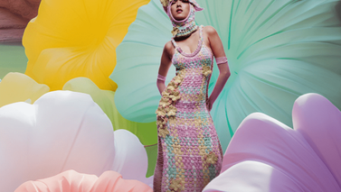 Model posing in a pastel scene