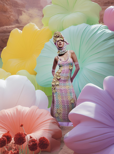 woman wearing a colorful knit dress against a colorful background