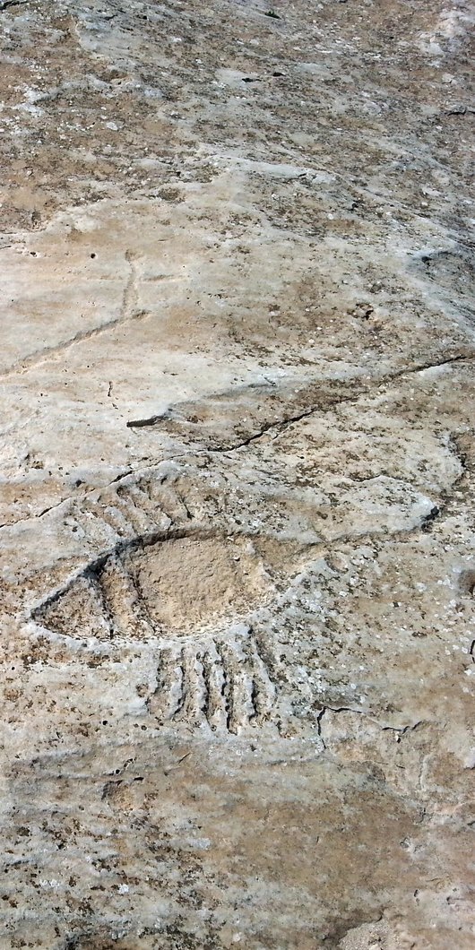 Three sets of rock carvings in a sand coloured stone comprising a series of small circular shapes, two parallel lines, and two additional boats
