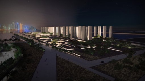 عرض رقمي لأعمدة في ميناء الدوحة وفي الخلفية أفق المدينة المميز.