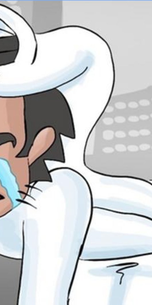 Cartoon figurine in Qatari male clothes crying on the ground with a speech bubble that says ‘It's crowded people!!’