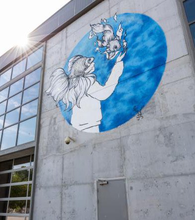 A mural depicting a girl with a peculiar fish head, as she extends a welcoming hand up for a fish making its way to her hand.