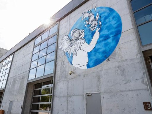 A mural depicting a girl with a peculiar fish head, as she extends a welcoming hand up for a fish making its way to her hand.