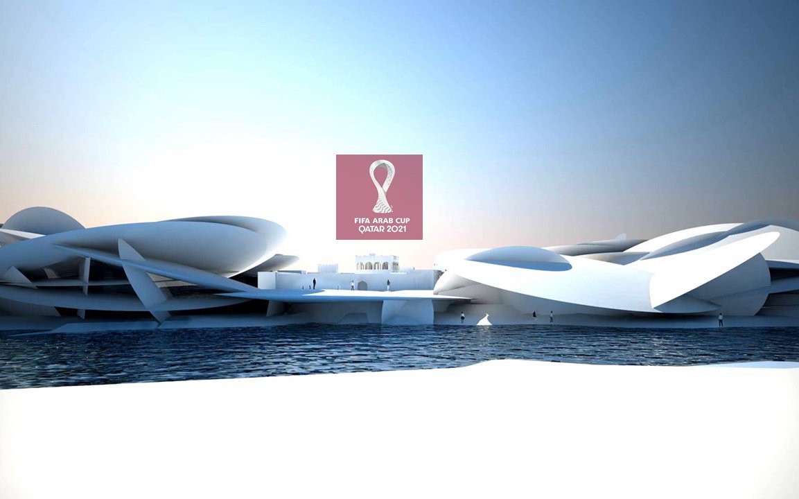 A panoramic view of the Qatar National Museum with the World Cup logo in the middle of the image