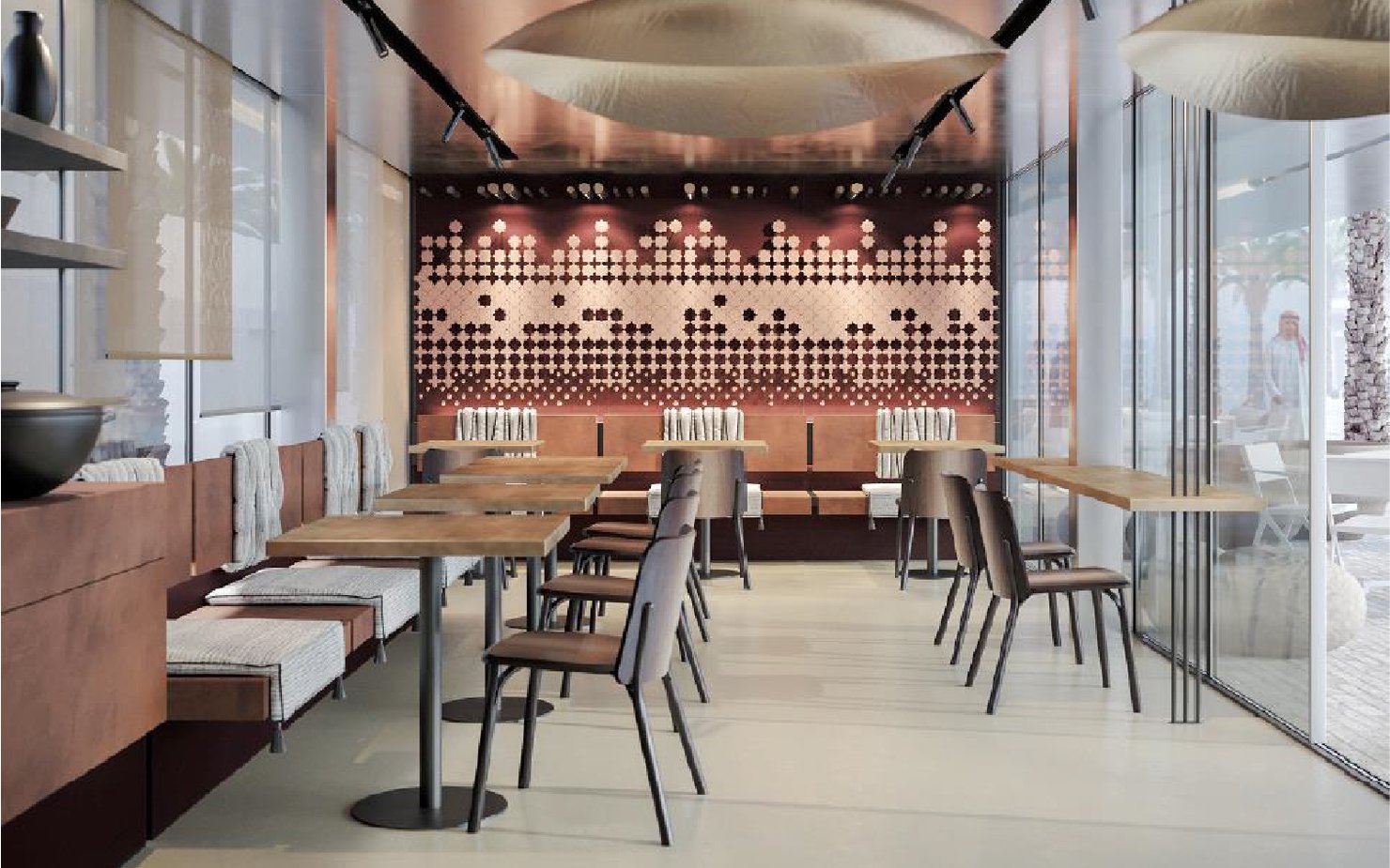 Part of a restaurant showing tables and chairs and nice decoration