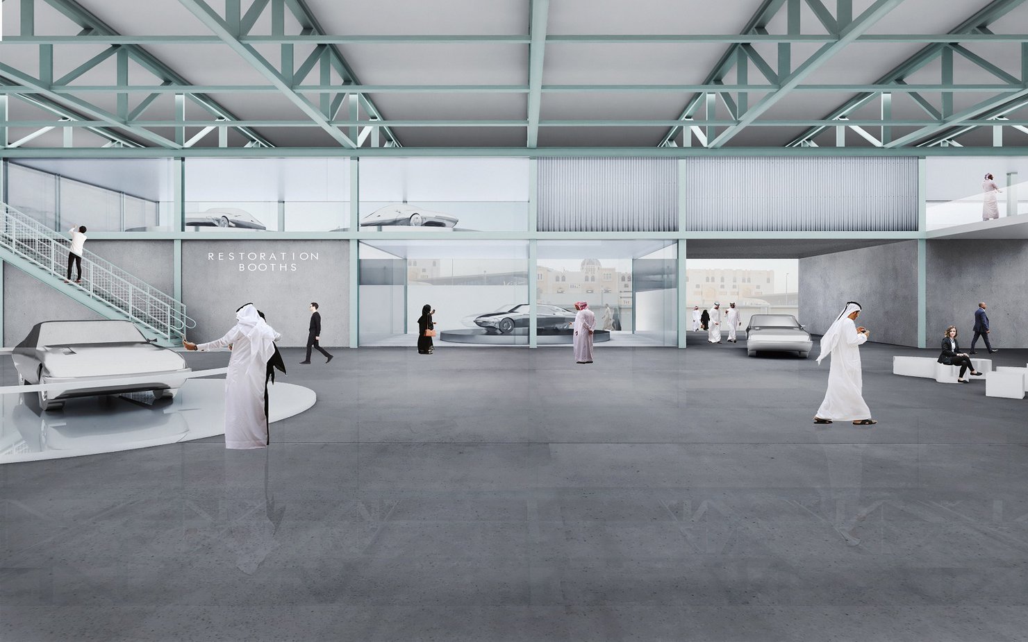 Rendering interior of the Qatar Auto Museum depicting animated people and cars in motion