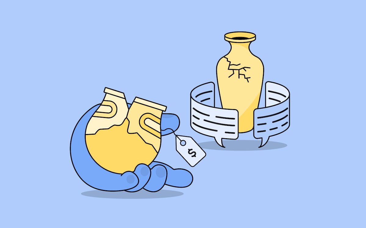 Web banner depicting animated objects of a cracked vase and pot against a light blue background