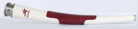 A horizontal white torch with a burgundy leather strap and the logo of Doha 2006 Asian Games