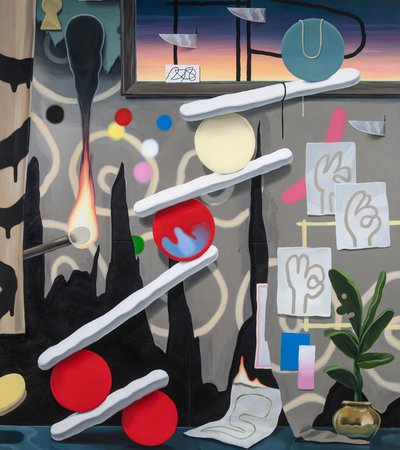 Part of an oil painting on linen, bright red coloured balls and a planet in a gold vase feature.