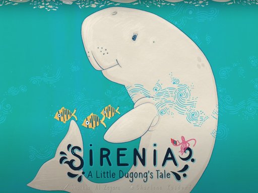 Cartoon figure of a Dugong set upon a turquoise background while other sea creatures are hovering in the middle